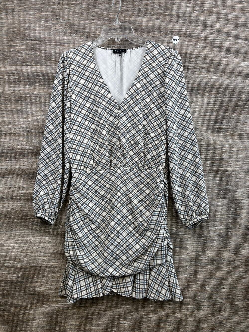 1. State Women's Dress Size M White Blue Plaid Ruched Ruffle Hem Long Sleeve